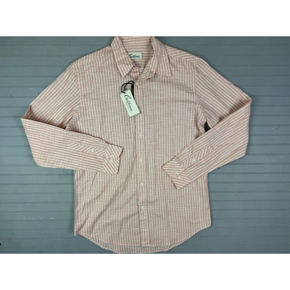 California Size M Mens Shirt Pale Orange White Stripe Long Sleeve Button Up